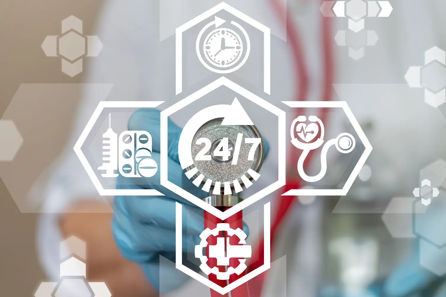 24 Stunden am Tag, 7 Tage die Woche: Apotheke oder medizinische Versorgung. 24/7-Gesundheitskonzept.